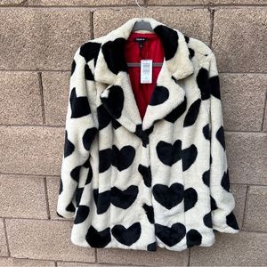 Torrid Valentine’s Day Hearts Cream Black Red Faux Vegan Fur Button Up Coat